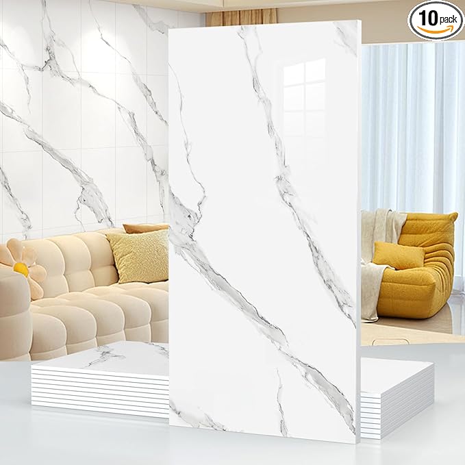 10pcs Marble Peel and Stick Waterproof Wall Panels,Heat-Resistant Backsplash Tile, 23.6"x11.8" PVC Foam Wall Sticker for Kitchen,Living Rooms,TV Walls,White and Gray (Not Real Tile 19.4Sq. Ft.)