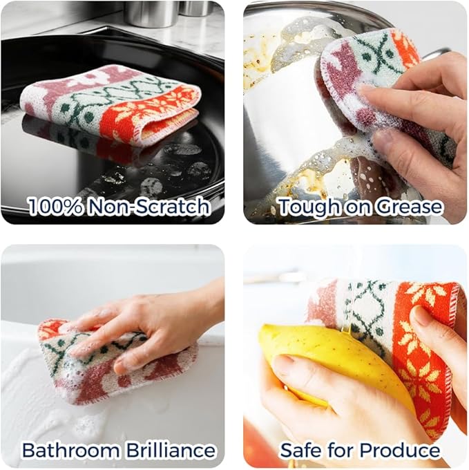 Amarelle GEN II Reusable Dish Scrubbers (10-Pack), Dual-Sided Heavy Duty Scouring Pads, Odor-Free & Machine Washable | Kitchen Scrub Cloth | Nano-Crystal Enhanced Technology (Nordic Folk)
