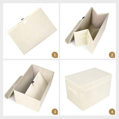 Large 22 Quart [4-Pack] Linen Fabric Foldable Storage Bin Cube Organizer Basket with Flip-Top Lid & Handles, Clothes Blanket Box for Home, Office, Closet (14.6 x 9.5 x 9.5, Beige)