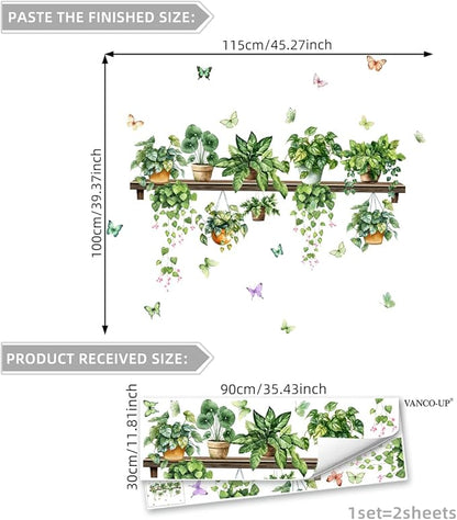 2 Sheets Potted Green Plants Wall Stickers & Murals Peel and Stick Removable Wall Decals Living Room Vinyl 3D Wall Stickers for Bedroom Bathroom Cabinet Vine Wall Clings Decor with Butterflies
