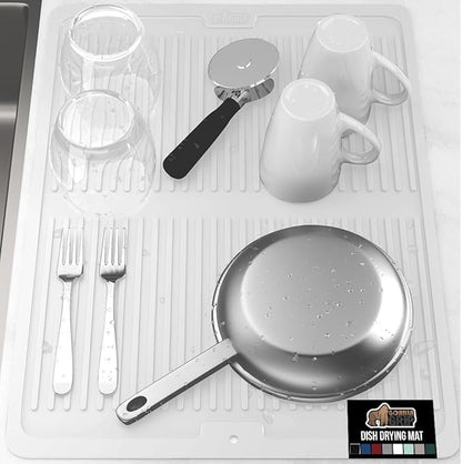 GORILLA GRIP 100% BPA-Free Patented Silicone Dish Drying Mat for Kitchen Counter, 18x24 Inch, Water Catching Ribbed Design, Easy Clean Waterproof Sink Liner, Heat Resistant, Fits Under Rack, White