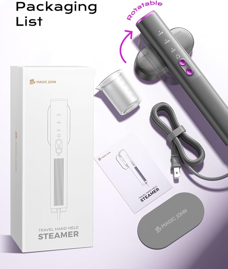 MAGIC JOHN Travel Steamer for Clothes, 100-240V Dual Voltage Portable Garment Steamer, 1000W Travel Size Handheld Steamer & Iron 2 in 1 for Global & Europe Travel, Business, Home