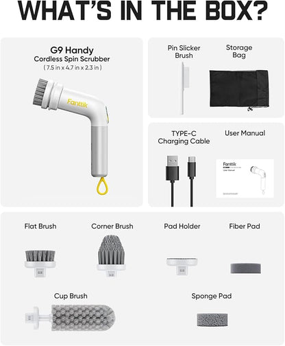 Fanttik G9 Handy Cordless Electric Spin Scrubber, MagnaStorm Motor, Dual-Speed, 5 Brush Heads, LED Display, IPX7 Waterproof, 2500mAh with Type-C Charging, for Kitchen, Sink, Tile, Stove- White
