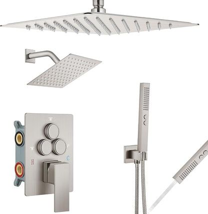 Aolemi Shower Faucet Set Ceiling Mount Shower System Rough-in Valve and Shower Trim Kit 2 in 1 Handheld Spray Push Button Diverter 12 and 6 Inch Dual Shower Head Brushed Nickel
