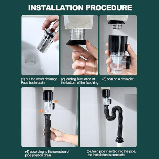 Bathroom Sink Drain Kit, Flexible P-Trap Sink Drain Pipe with Pop Up Stopper, Bathroom Sink Pipe Replacement Kit for 1-1/4'' & 1-1/2'' Holes, Anti-Clogging Stopper