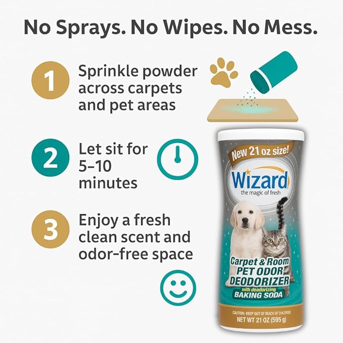 Wizard Carpet Deodorizer with Baking Soda, Pet Odor Eliminator Carpet Freshener Powder, Odor Absorber & Room Deodorizer, Carpeting Powder Fresh Scent – 3 Pack, 21 oz per Bottle (63 Ounces)