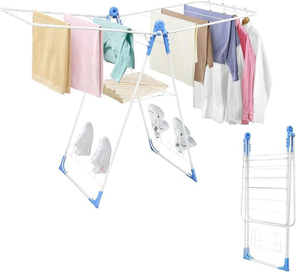 Gullwing Clothes Drying Rack,Foldable Laundry Drying Racks with Shoe Rack, Free-Standing Large Standing Airer, with Height-Adjustable Wings for Indoor Outdoor Use, Laundry Room, Balcony
