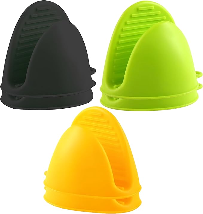 3 Pairs H(Black, Green, Yellow), Mini Silicone Oven Gloves, Mini Finger Protector Pot Holder for Kitchen,Cooking,Baking,BBQHeat Resistant Gloves，can be Washed in The Dishwasher