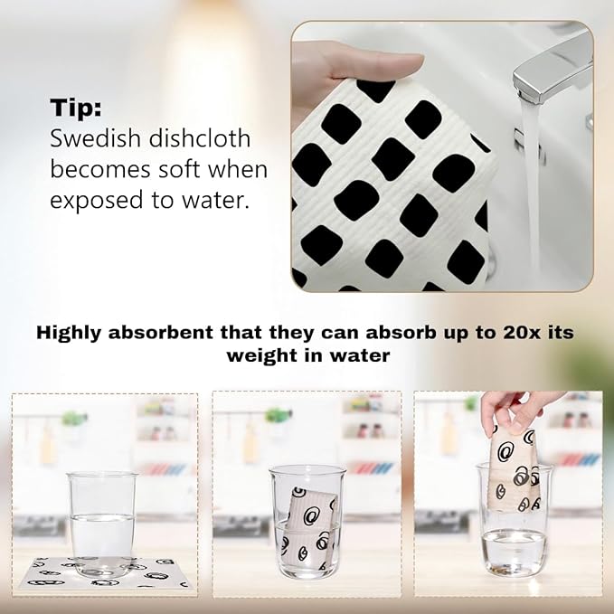 6 Pack Reusable Swedish dishcloths, Cellulose Sponge Dishcloths, Washable Absorbent No Odor Kitchen Cleaning Cloths, Eco Dish Towels for Home, Kitchen Gifts for Environmentally Conscious Women