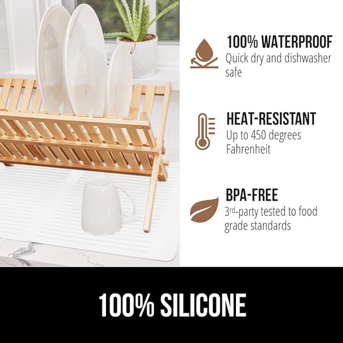 GORILLA GRIP 100% BPA-Free Patented Silicone Dish Drying Mat for Kitchen Counter, Water Catching Ribbed Design, Easy Clean Waterproof Sink Liner, Heat Resistant, Fits Under Rack, 11x13 Inch, White