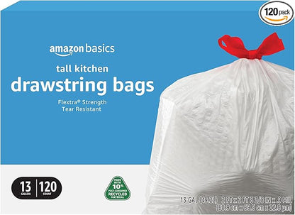 Amazon Basics 13 Gallon Tall Kitchen Drawstring Trash Bags, Flextra Strength, Tear Resistant, Clean Fresh Scent, 10% Post Consumer Recycled, 120 Count