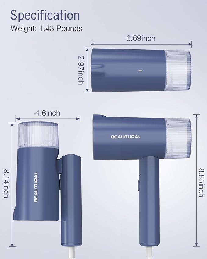 BEAUTURAL Steamer for Clothes, Portable Garment Wrinkle Remover, Fast 30s Heat-up, Foldable and Handheld, 120V Only (Not for 220V Europe), Blue