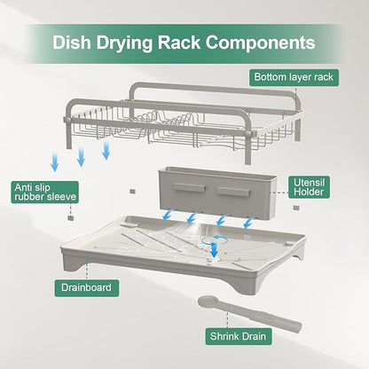 Dish Drying Rack,Dish Racks for Kitchen Counter,Metal Dish Drainer with Adjustable Drainage Spout,Removable Knife and Fork Holder (Grey)