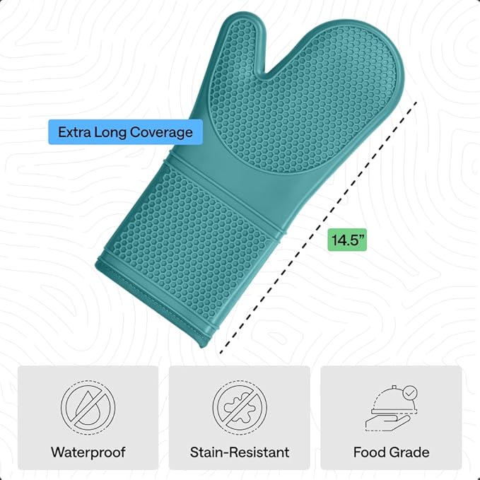 GORILLA GRIP BPA-Free Soft Silicone Oven Mitts, 14.5x8.3, Heat Resistant and Waterproof Cooking Gloves, Thick Cotton Lining, Flexible Gripping for Baking Grilling, Kitchen Potholders Set, Turquoise