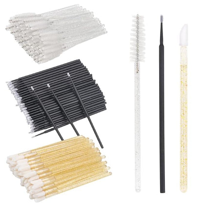 300 PCS Eyelash Extension Supplies Kit Disposable Micro Brush Eyebrow Spoolies Lip Stick Brush Mascara Wand Applicator Makeup Brush Tool (White Black Gold Sets)