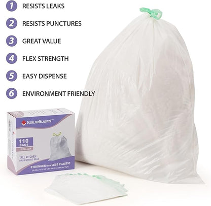 ValueGuard Trash Bags Garbage Bag 13 Gallon Drawstring Tall Waste Bag for Kitchen Office Party 0.6 Mil (110 Count)