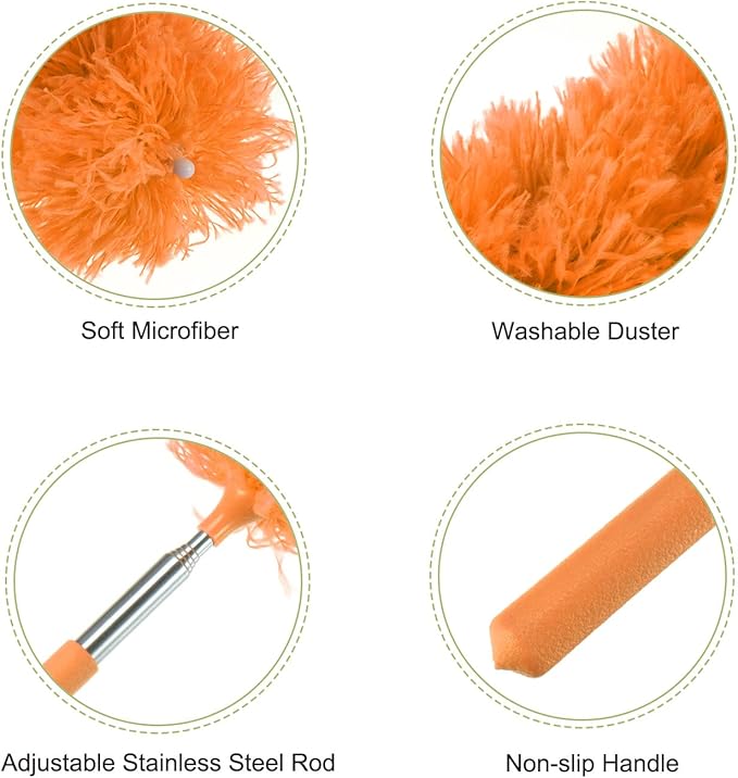 MECCANIXITY Microfiber Cleaning Duster, 12 to 31.5 Inch Washable Extendable Brush Flexible Feather Duster for Window Furniture, Orange