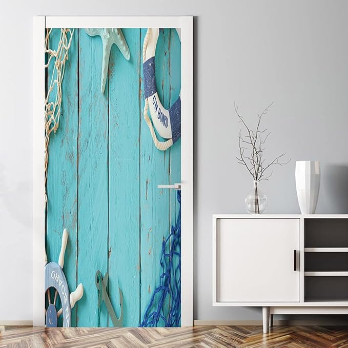 3D Door Stickers Murals Peel and Stick Wallpaper -Maritime Wooden Door- PVC Self-Adhesive Door Decal Removable Waterproof Poster for Bedroom Living Room Home Home Decoration 35.4x78.7 inch