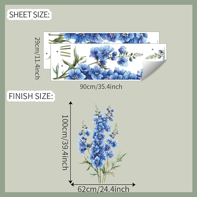 3D Wall Stickers DIY Flower Wall Decal Removable Waterproof Wall Art Decor for Bedroom Living Room Offices Home Decoration (Blue Delphinium)
