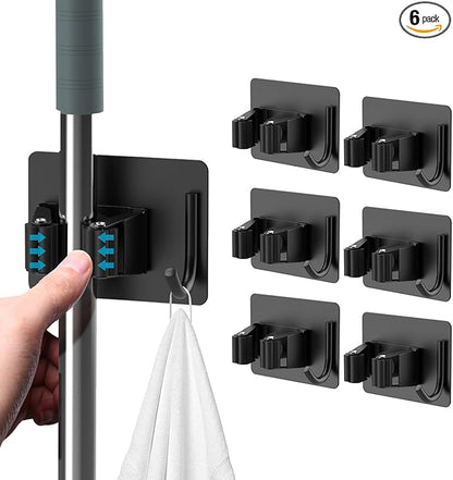 homeasy Mop Broom Holder No Drill, Mop Broom Organizer Wall Mounted Heavy Duty with Hooks Hanger, Self Adhesive Stainless Steel 6Pcs for Bathroom, Kitchen, Office (Black)