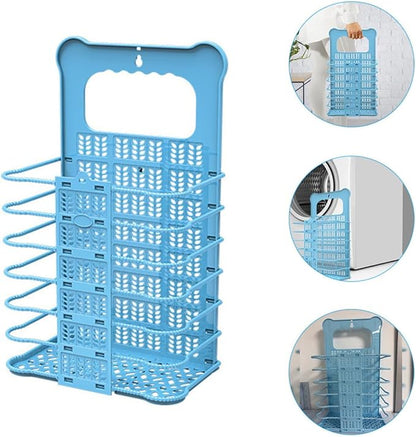 Folding Laundry Hamper Small Blue Plastic Wall Hanging Dirty Clothes Basket Collapsible Storage Organizer for Laundry Room and Bedroom