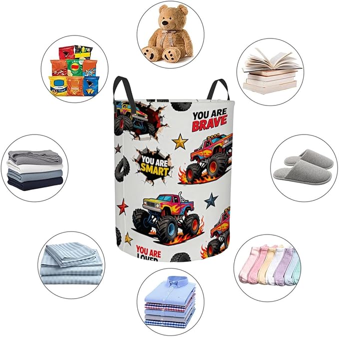 Kids Laundry Hamper Basket - Large Nursery Baby Hamper with Handle for Boys Girls Collapsible Clothes Baskets Organizer Toy Storage Bin Room Decor(Off-road Trucks)