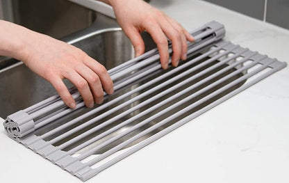 Surpahs 20.5 x 15.5 Inch Roll-Up Dish Drying Rack, Fits Across Sink Openings up to 19.5 Inches, Heavy-Duty Premium Silicone, Strong Support, Non-Slip, Heat-Resistant, Warm Gray