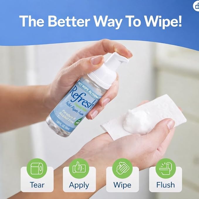 Refresh Liquid Wipe Free - Toilet Paper Foam for Sensitive Skin - Flushable Wet Wipe Alternative - Cleanses & Soothes with Witch Hazel & Aloe - Alcohol & Paraben Free, 50ml (1.69 Fl Oz) (3 Pack)