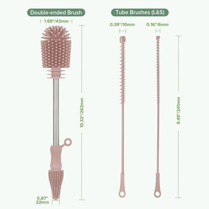 Haakaa Silicone Cleaning Brush Kit - Baby Bottle Brush Cleaner for Breast Pump,Nipple,Breast Milk Storage Bag,Reusable Straw,Sippy Cup - Food Grade Silicone Bristles, Portable - 3 Pcs - Pink