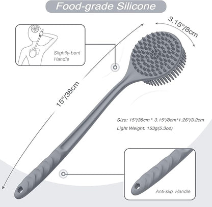 Manmihealth Silicone Back Scrubber(Thick Bristles) & Soft Bath Glove Set, Super-Exfoliating Body Scrubber & Super-Lathering Shower Brush Combination, with a Free Hook.(Gray)