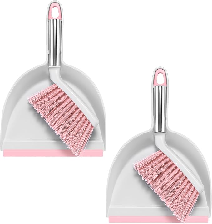 NACENA Mini Broom and Dustpan Set 2 Packs, Small Dust Pan and Brush Set with Handle Dustpan Teeth for Cleaning Hair Suitable for Office Desks Drawers Sofas Outdoor Camping, Pink