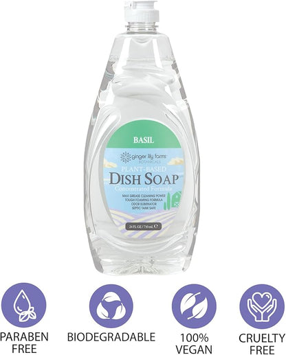 Ginger Lily Farms Botanicals Plant-Based Liquid Dish Soap, Concentrated Formula with Max Grease Cleaning Power, Cruelty-Free, Basil Scent, 24 Fl Oz (Pack of 8)