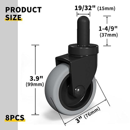 AAGUT Mop Bucket Replacement Casters 3" Set of 8 fits Rubbermaid Commercial Models & WaveBrake, Swivel Bayonet Caster Wheels, Thermoplastic Rubber Black (Floor Safe)