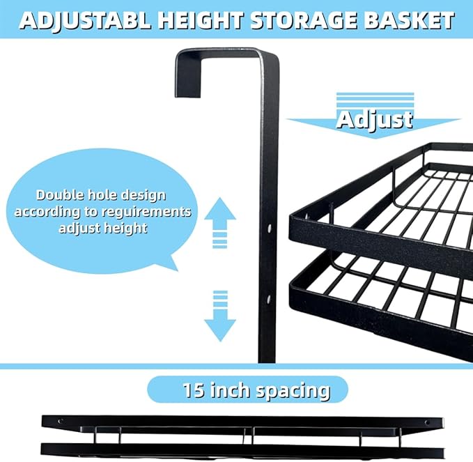 Broom Holder Door Mount,Door Mounted Broom and Mop Holder with Dual Tool Hooks, Three Slots, and One Tool Storage Basket For Laundry Room, Garage, Closet, warehouse, Kitchen Decor (black)