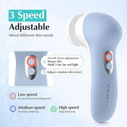 COSLUS FBX04 Powered Facial Cleansing Brush: Rechargeable Electric Face Cleanser for Sensitive & Acne-Prone Skin, 3 Brush Heads, 3 Speeds, 2-Direction Rotation, for Men Women IPX7, Deep Cleaning Blue