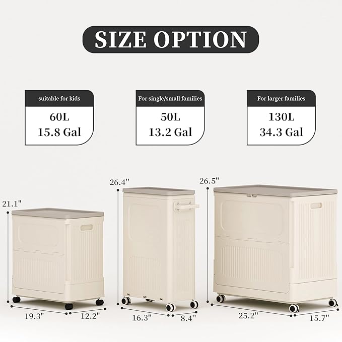 HAIXIN HOME Slim Rolling Laundry Hamper with Lid, 60L Foldable Plastic Laundry Basket on Wheels with Handle, Dirty Clothes Hamper Cart for Narrow Spaces, Bedroom, Bathroom, Closet, Dorm, Under Table