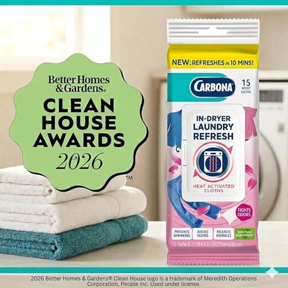 Carbona Laundry Refresh Dryer Sheets 15ct | Odor Eliminator, Wrinkle Releaser, Fabric Softener | Heat-Activated, Static Reducer, Prevents Shrinking & Fading | Quick Clothes Refresh