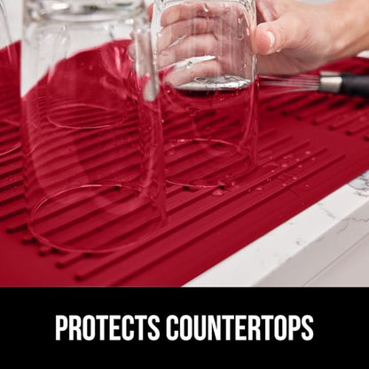 GORILLA GRIP 100% BPA-Free Patented Silicone Dish Drying Mat for Kitchen Counter, 18x16 Inch, Water Catching Ribbed Design, Easy Clean Waterproof Sink Liner, Heat Resistant, Fits Under Rack, Red