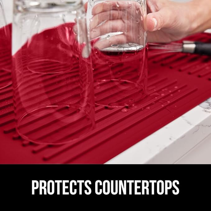 GORILLA GRIP 100% BPA-Free Patented Silicone Dish Drying Mat for Kitchen Counter, Water Catching Ribbed Design, Easy Clean Waterproof Sink Liner, Heat Resistant, Fits Under Rack, 12x16 Inch, Red
