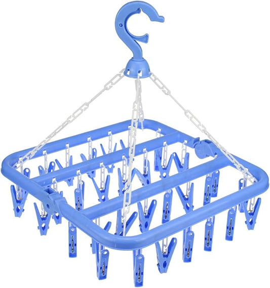 32 Clips Foldable Clothes Drying Rack, 360° Rotating Hanger with Windproof Hook for Socks Underwear Baby Clothes Towels Bras Diapers Scarf Gloves Portable Laundry Rack