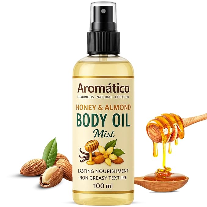 Aromatico Honey & Almond Body Oil Mist for Women | Lightweight, Non-Sticky, Spray-on formula for Daily use After Shower | Moisturized, Soft, Glowing Skin | Cozy, Creamy Vanilla Scent - 4 Fl Oz