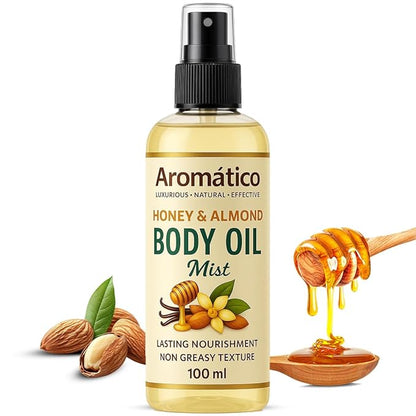 Aromatico Honey & Almond Body Oil Mist for Women | Lightweight, Non-Sticky, Spray-on formula for Daily use After Shower | Moisturized, Soft, Glowing Skin | Cozy, Creamy Vanilla Scent - 4 Fl Oz
