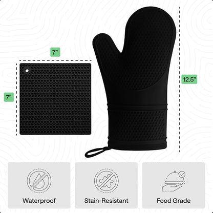 GORILLA GRIP BPA-Free Soft Silicone Oven Mitts and Pot Holders Sets of 4, Heat Resistant Waterproof Cooking Gloves, Thick Cotton Lining, Flexible Gripping for Baking Grilling, Kitchen Trivets, Black