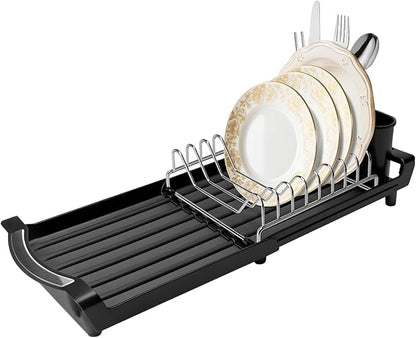 Dish Drying Rack Compact Expandable - A Space-Saving, Stainless Steel, Rust-Resistant Dish Drainer for Kitchen and Apartment Countertops/Sink Cabinets, Extendable from 11.42 to 19.9 inches(Black)