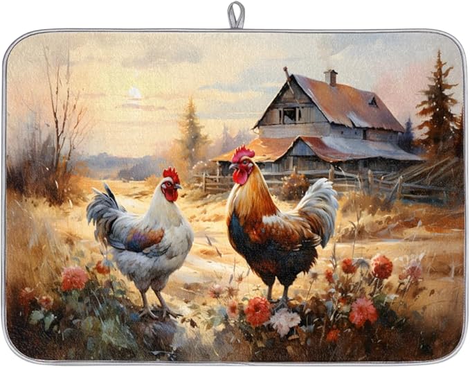 Honeybaby Dish Drying Mat Rooster Hen Chickens Dish Drying Mats for Kitchen Counter Absorbent Kitchen Drying Mat Dish Rack Mat 18x24 inches