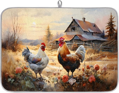 Honeybaby Dish Drying Mat Rooster Hen Chickens Dish Drying Mats for Kitchen Counter Absorbent Kitchen Drying Mat Dish Rack Mat 18x24 inches