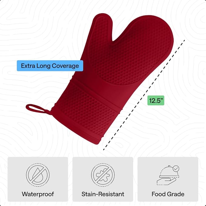 GORILLA GRIP BPA-Free Soft Silicone Oven Mitts, Heat Resistant and Waterproof Cooking Safety Gloves, Thick Cotton Lining, Flexible Gripping, Kitchen Potholders Set, for Grilling, BBQ, 12.5x8.3, Red