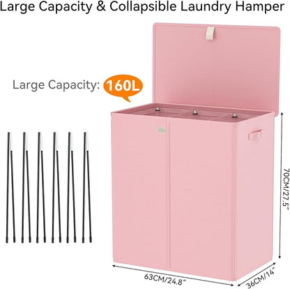 WOWLIVE Laundry Hamper with Lid,160L Large Laundry Basket 3 Section with Removable Washing Bags,Collapsible Waterproof Dirty Clothes Hamper for Laundry Room Bathroom Dorm,Pink