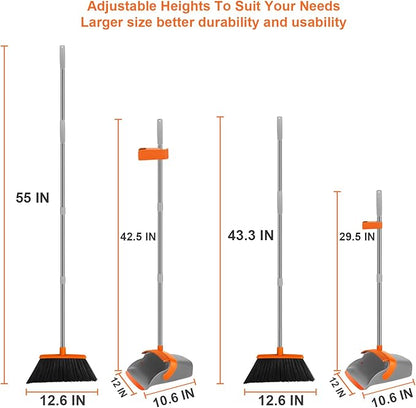 Broom and Dustpan Set, Large Broom with Dustpan Combo Set, 55" Long Handle Heavy Duty Industrial Dust pan Set for Classroom Lobby Home