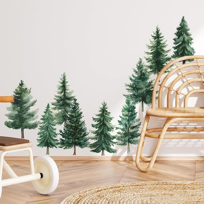 Watercolor Pine Tree Wall Decals Green Pine Tree Wall Sticker Forest Nature Woodland Home Decor for Nursery Bedroom Living Room